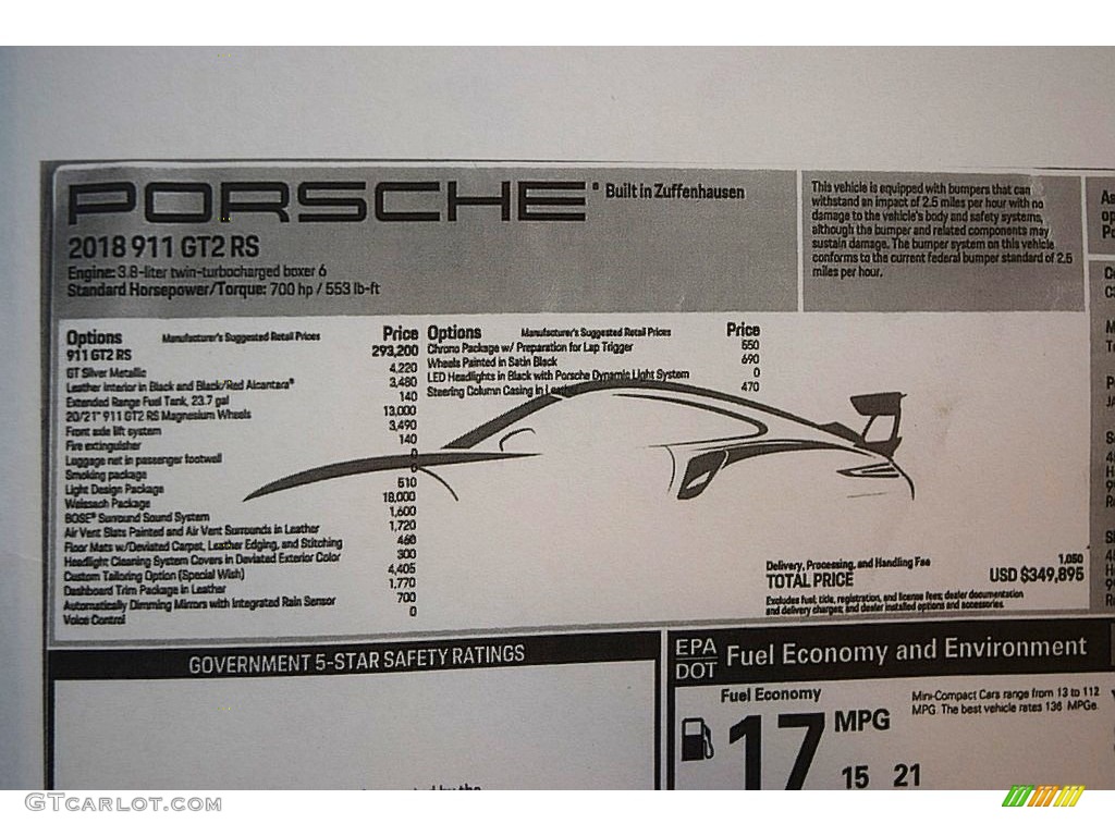 2018 Porsche 911 GT2 RS Weissach Package Window Sticker Photos
