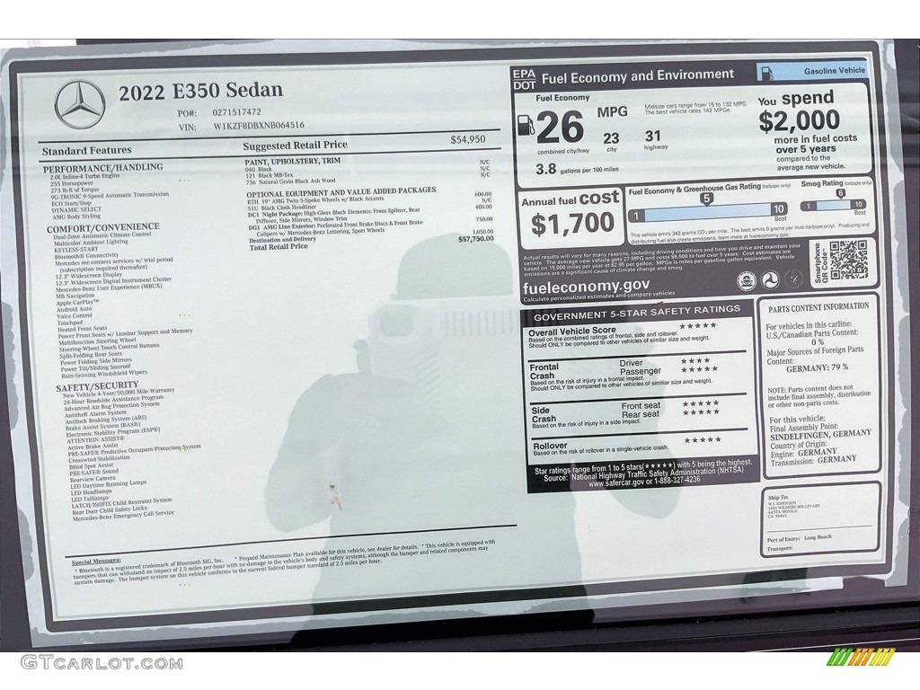 2022 Mercedes-Benz E 350 Sedan Window Sticker Photo #144189351