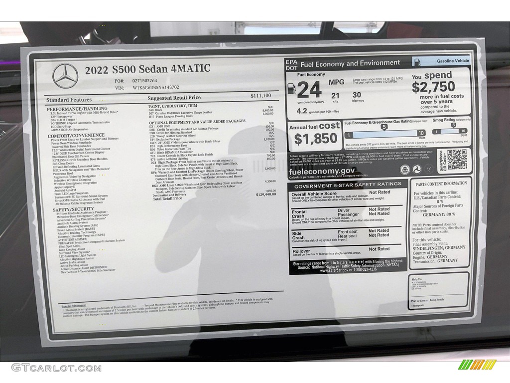 2022 Mercedes-Benz S 500 4Matic Sedan Window Sticker Photo #144190938
