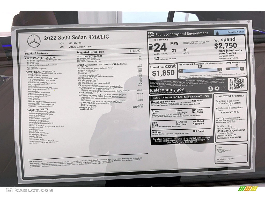 2022 Mercedes-Benz S 500 4Matic Sedan Window Sticker Photo #144191277