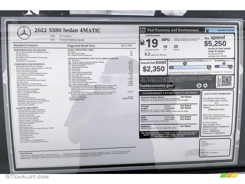 2022 Mercedes-Benz S 580 4Matic Sedan Window Sticker Photo #144192000