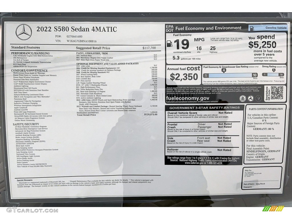 2022 Mercedes-Benz S 580 4Matic Sedan Window Sticker Photo #144192333