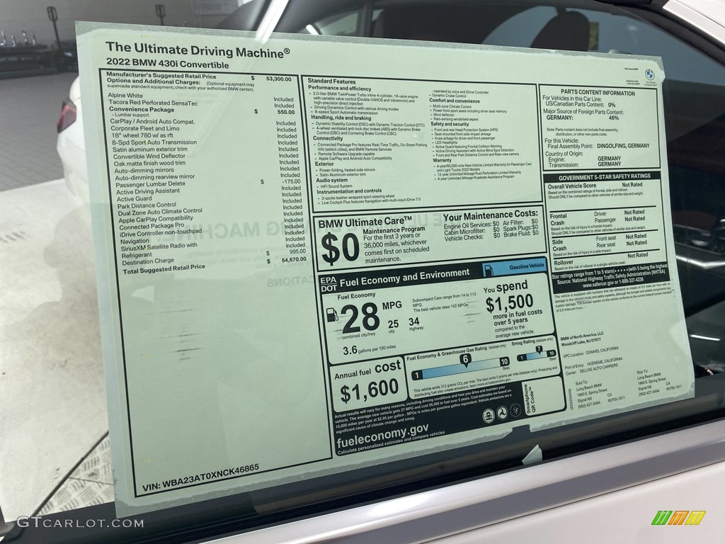 2022 BMW 4 Series 430i Convertible Window Sticker Photo #144203988