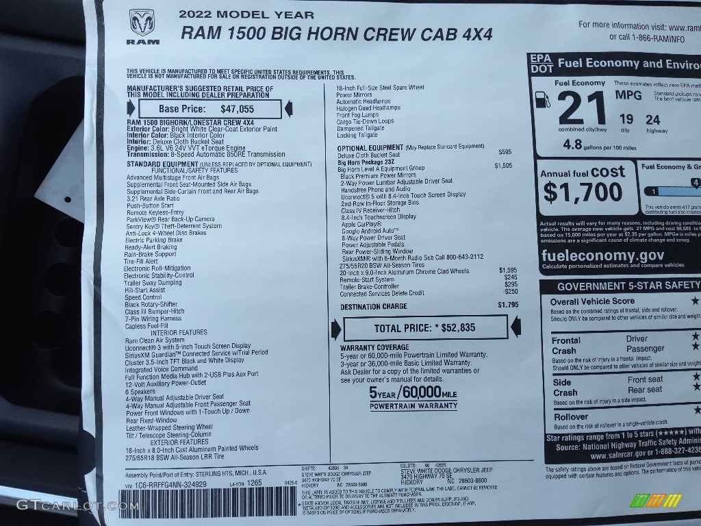 2022 Ram 1500 Big Horn Crew Cab 4x4 Window Sticker Photo #144207408