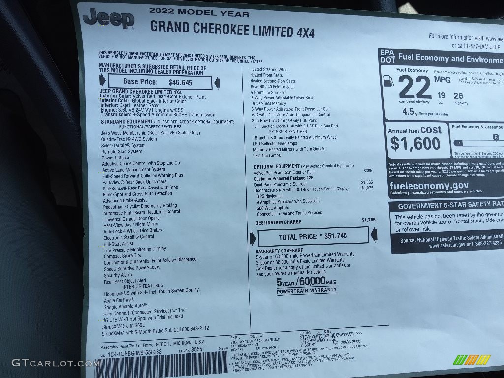 2022 Jeep Grand Cherokee Limited 4x4 Window Sticker Photo #144208233