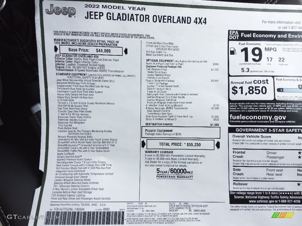 2022 Gladiator Overland 4x4 - Hydro Blue Pearl / Black photo #30