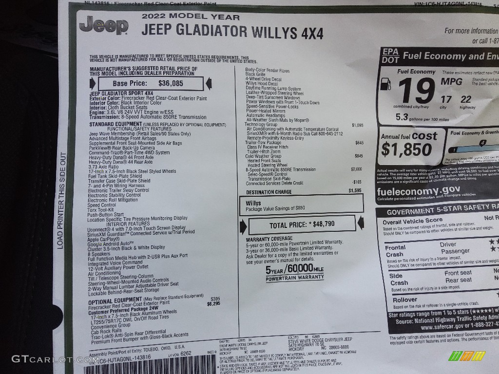 2022 Jeep Gladiator Willys 4x4 Window Sticker Photo #144213585