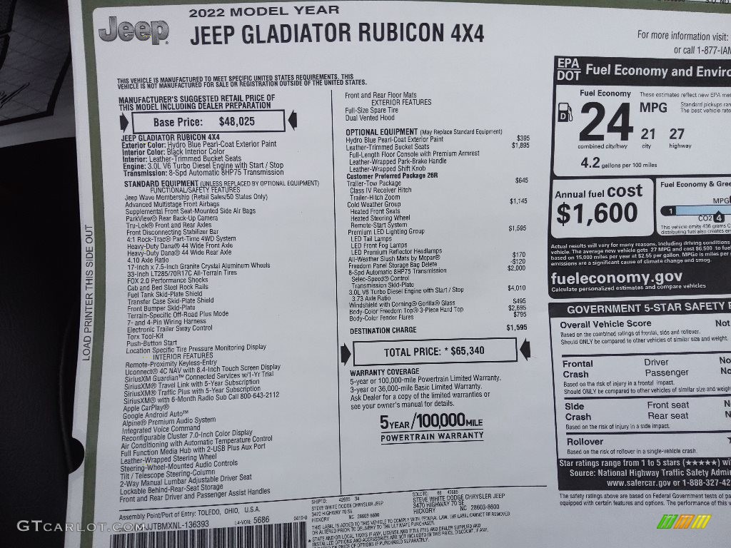 2022 Jeep Gladiator Rubicon 4x4 Window Sticker Photo #144216300