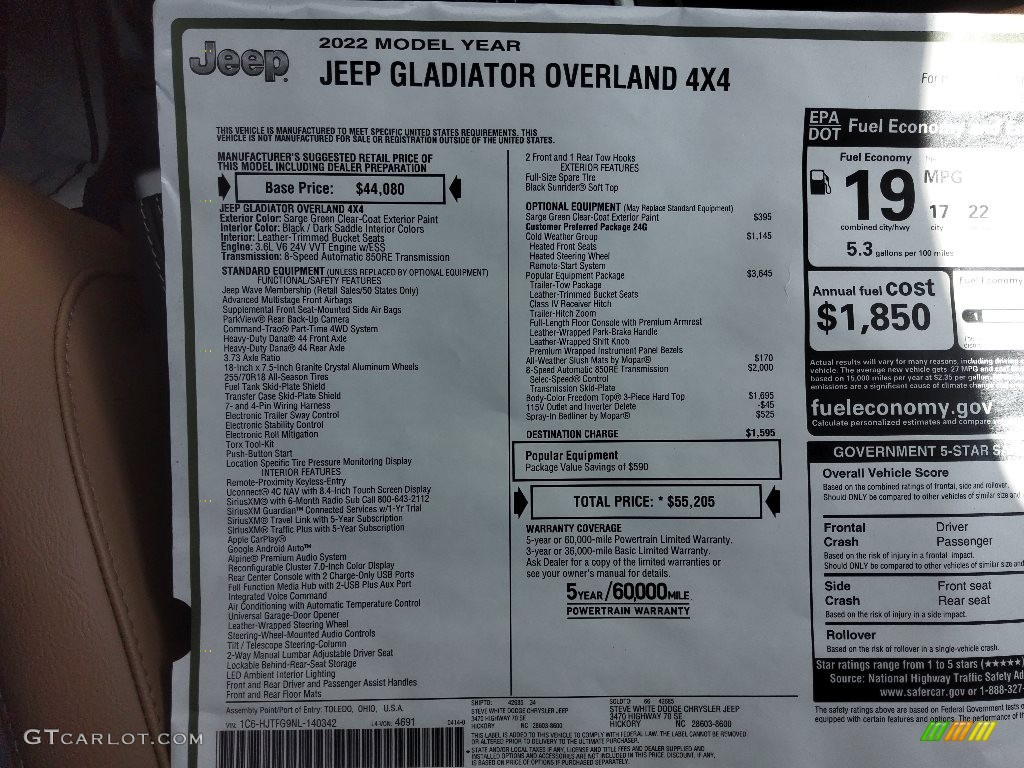 2022 Gladiator Overland 4x4 - Sarge Green / Black/Dark Saddle photo #30