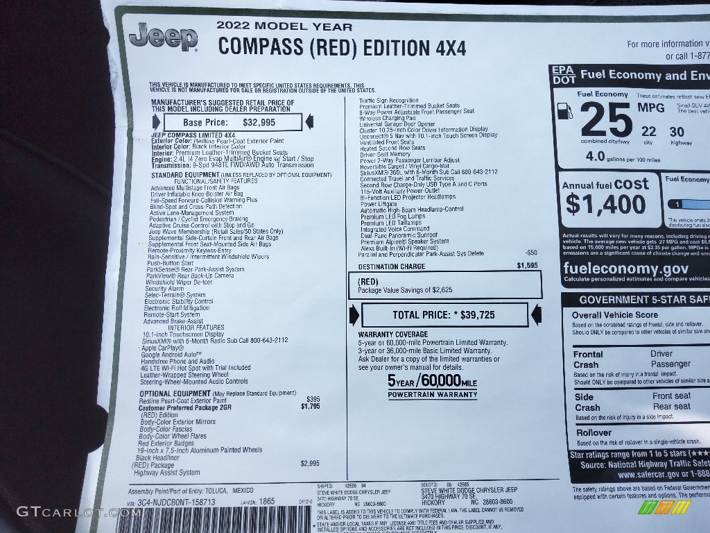 2022 Jeep Compass Limited (Red) Edition 4x4 Window Sticker Photo #144220995