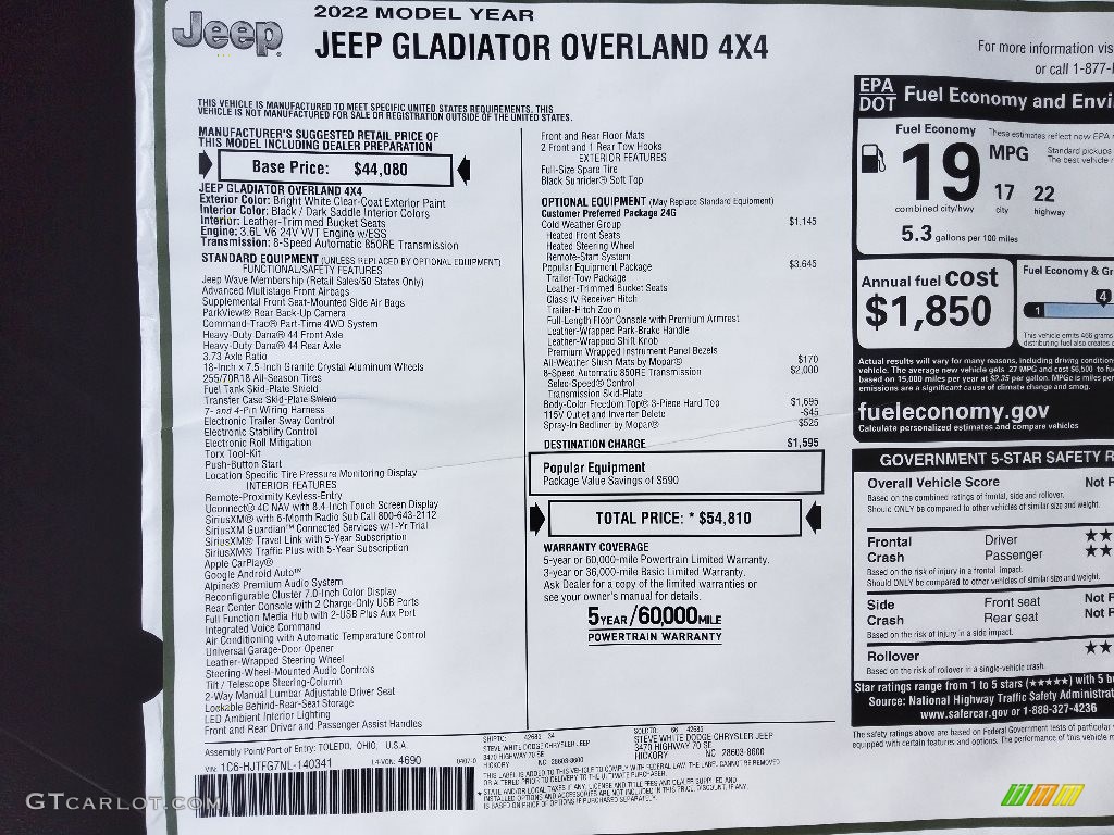 2022 Gladiator Overland 4x4 - Bright White / Black/Dark Saddle photo #30