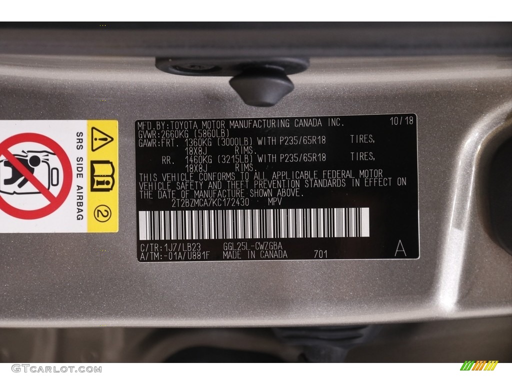 2019 RX Color Code 1J7 for Atomic Silver Photo #144226560