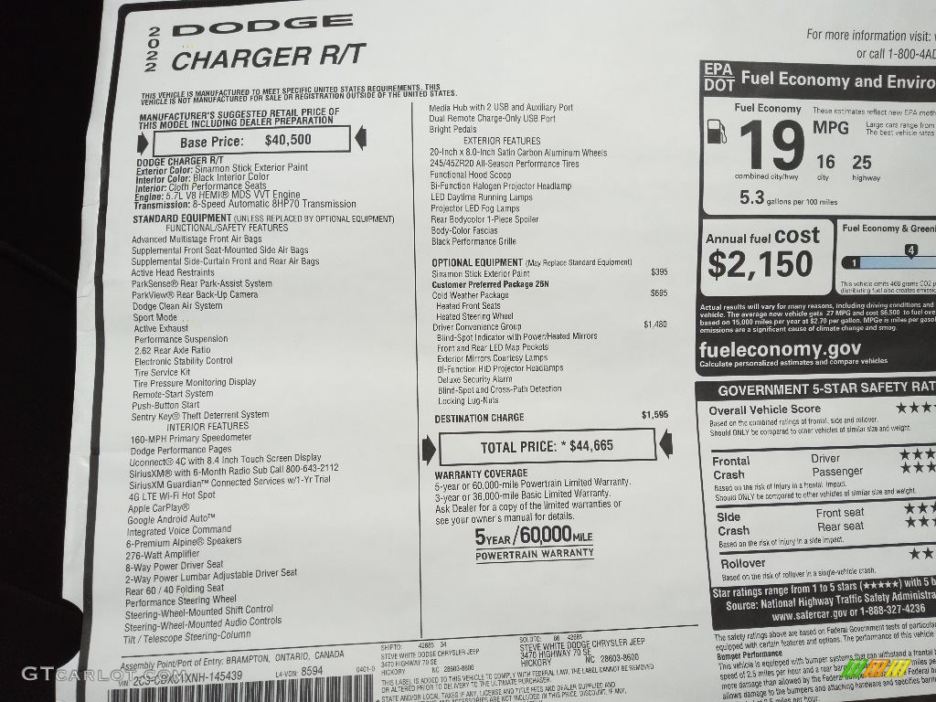2022 Dodge Charger R/T Window Sticker Photos