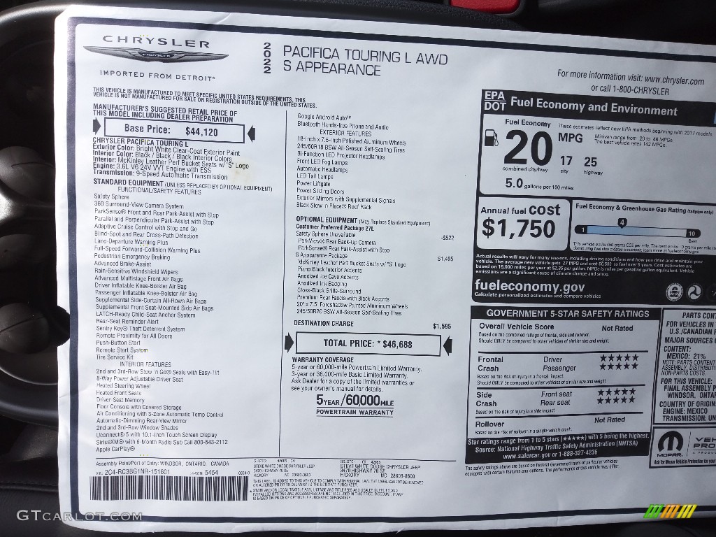 2022 Chrysler Pacifica Touring L AWD Window Sticker Photo #144231291