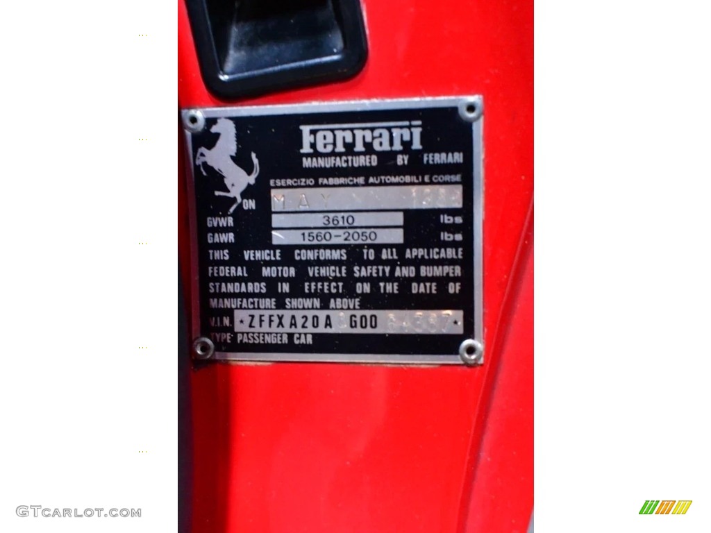 1986 Ferrari 328 GTS Info Tag Photo #144249789