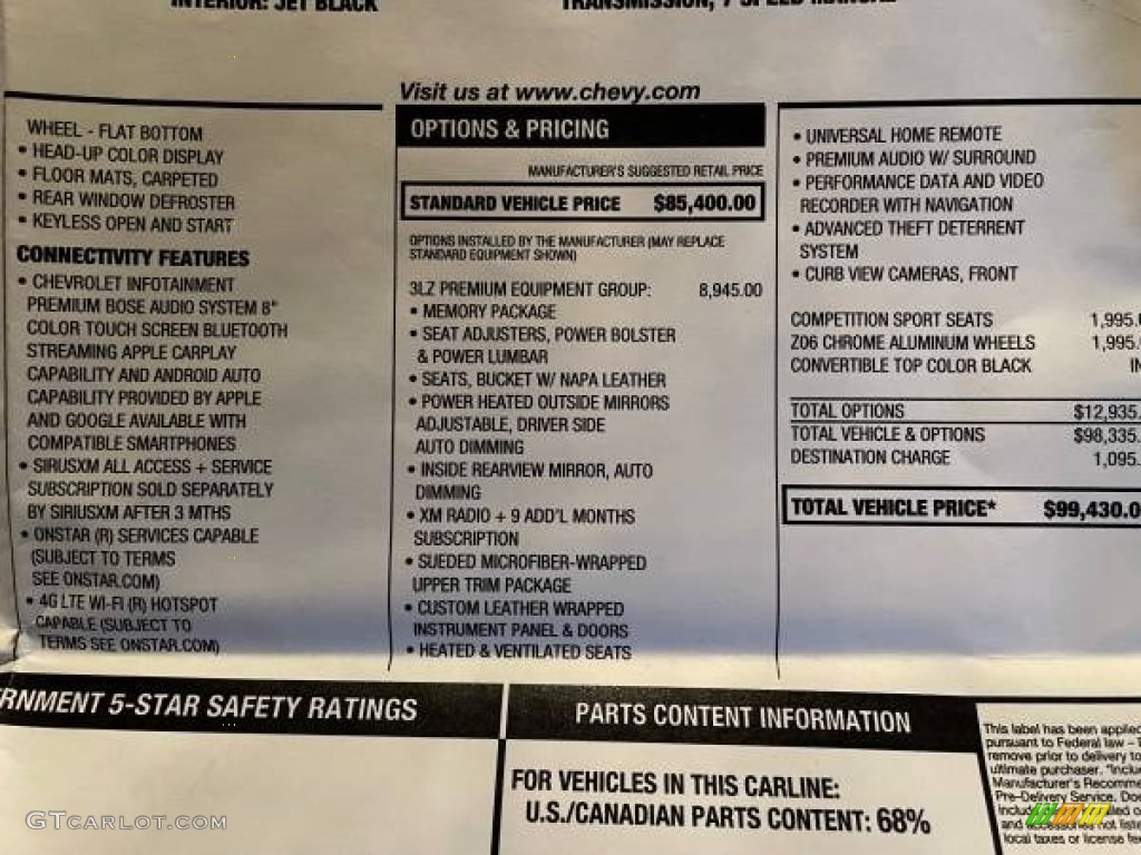 2019 Chevrolet Corvette Z06 Convertible Window Sticker Photos