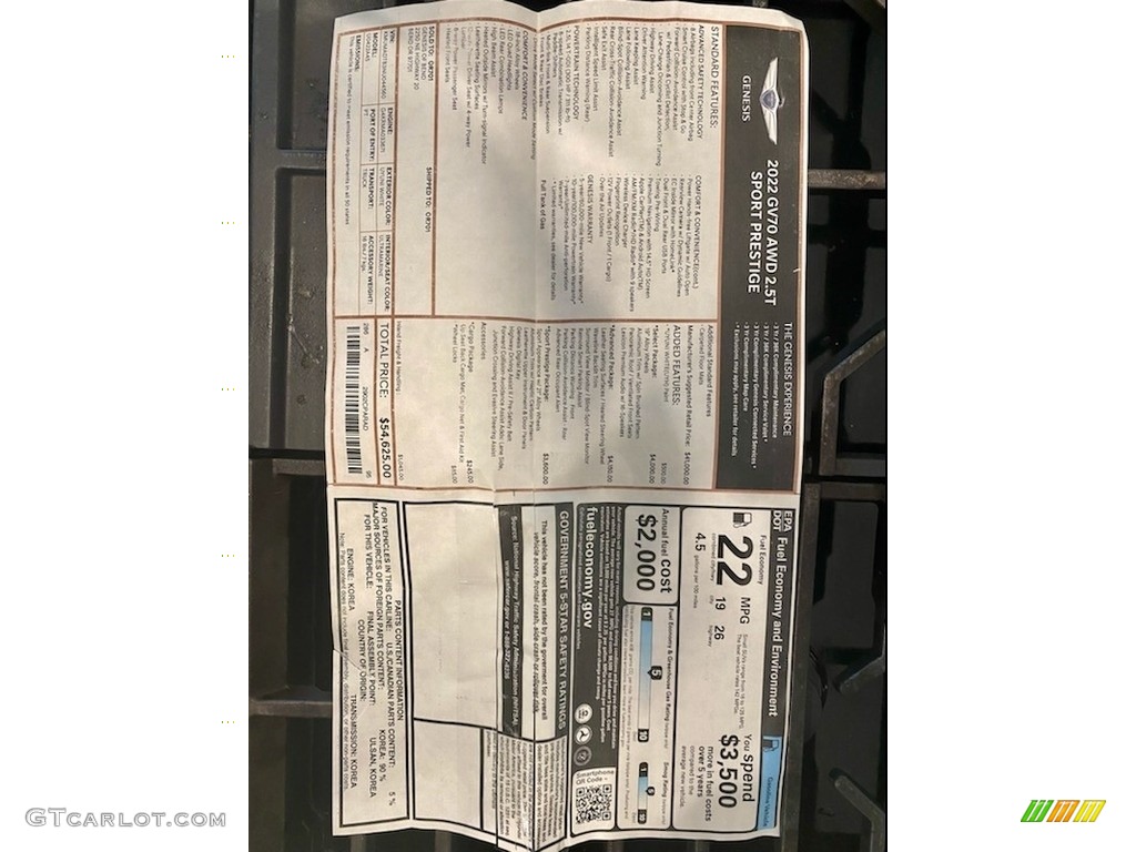 2022 Genesis GV70 2.5T AWD Window Sticker Photos
