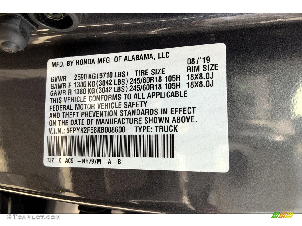 2019 Honda Ridgeline RTL Color Code Photos