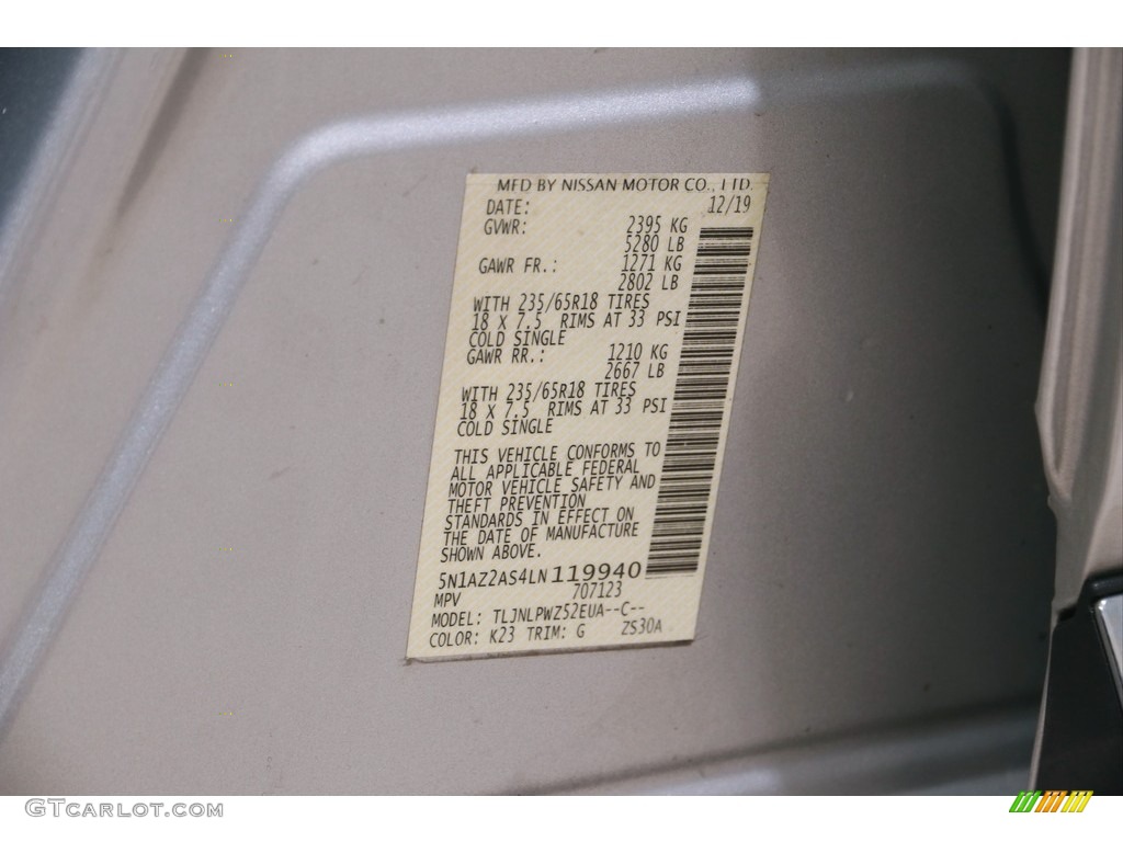 2020 Murano Color Code K23 for Brilliant Silver Metallic Photo #144285358