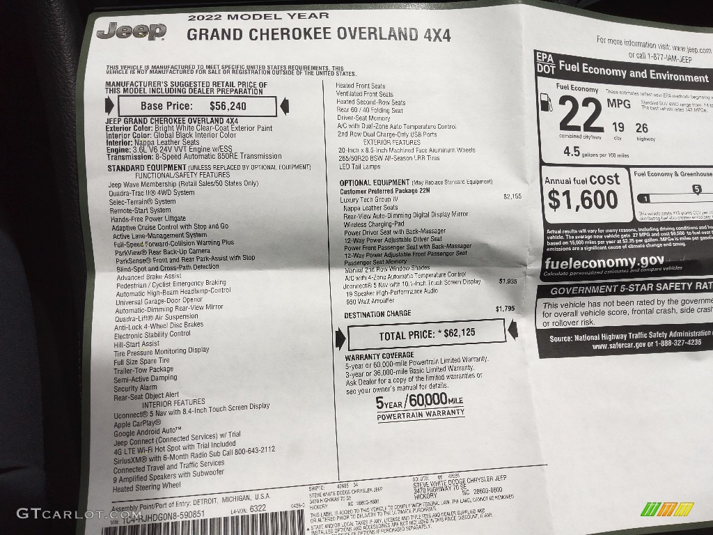 2022 Jeep Grand Cherokee Overland 4x4 Window Sticker Photo #144291973