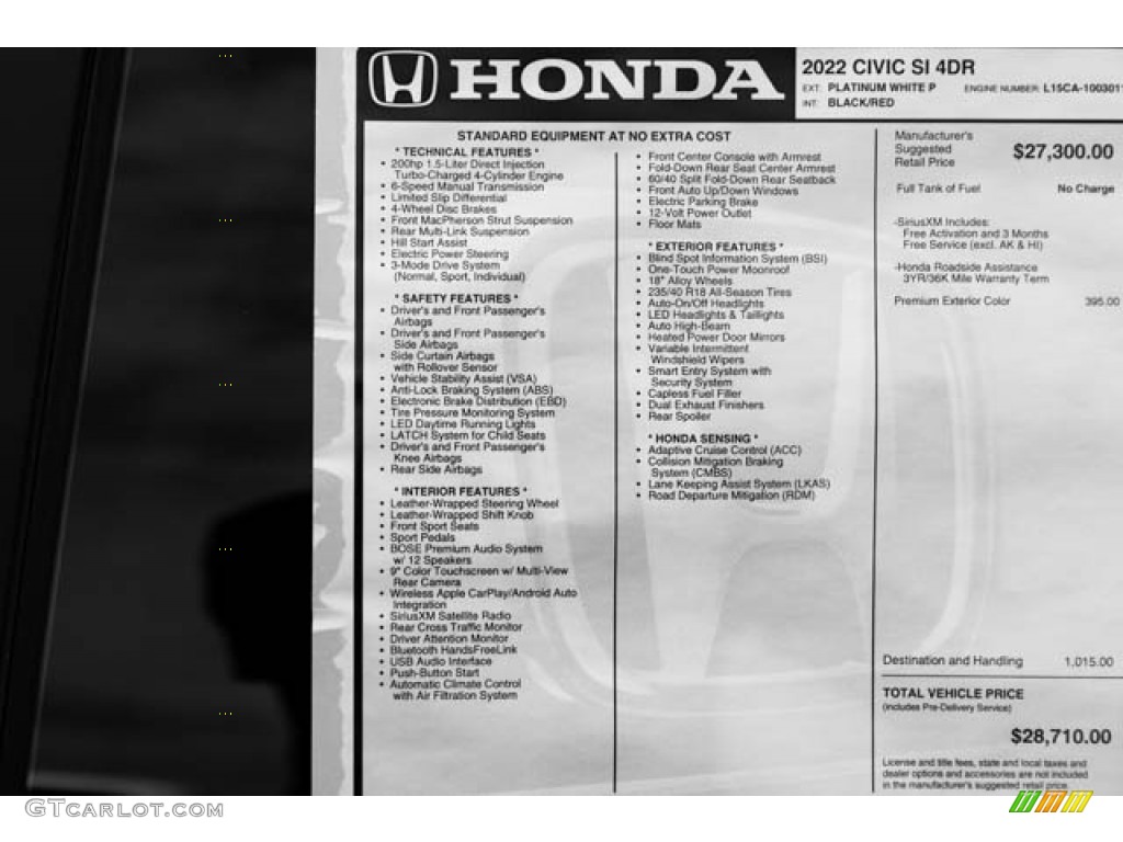 2022 Honda Civic Si Sedan Window Sticker Photo #144292228