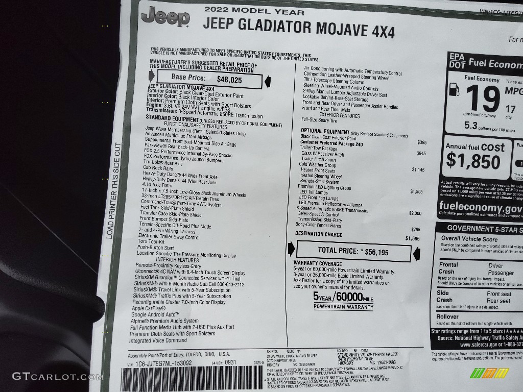 2022 Jeep Gladiator Mojave 4x4 Window Sticker Photo #144292846