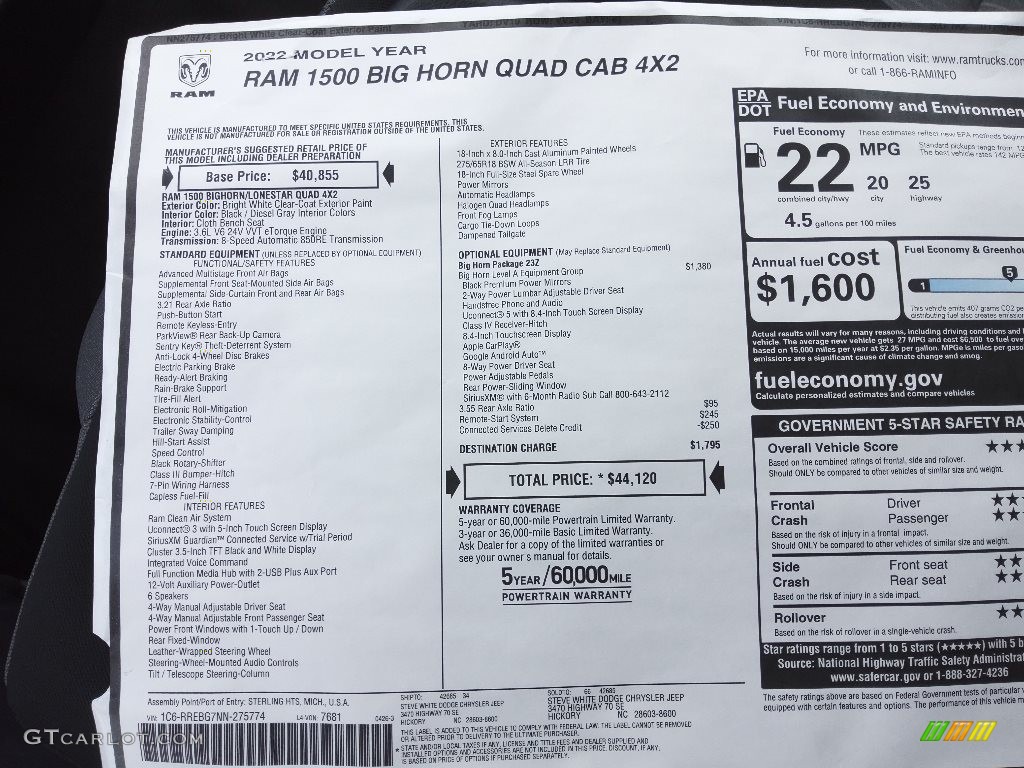 2022 Ram 1500 Big Horn Quad Cab Window Sticker Photo #144293575
