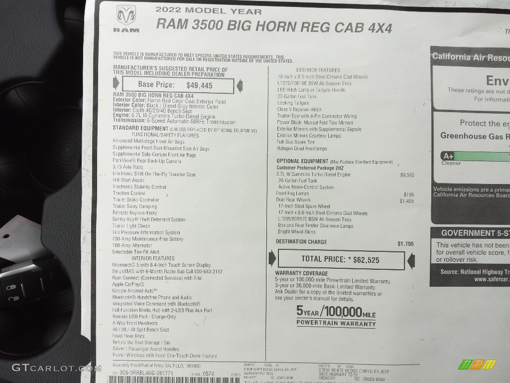 2022 Ram 3500 Big Horn Regular Cab 4x4 Window Sticker Photos