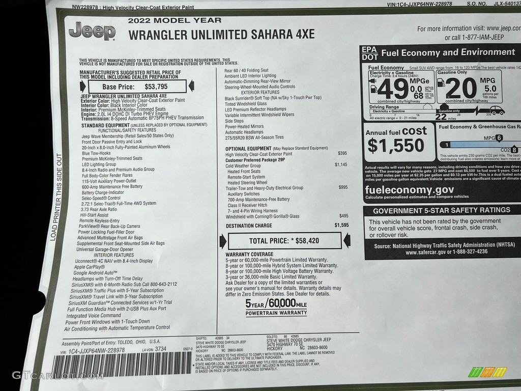 2022 Jeep Wrangler Unlimited Sahara 4XE Hybrid Window Sticker Photo #144302695