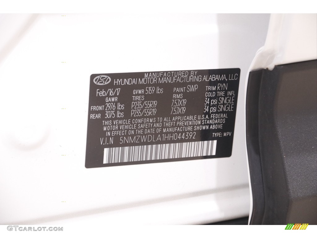 2017 Hyundai Santa Fe Sport 2.0T Ulitimate AWD Color Code Photos