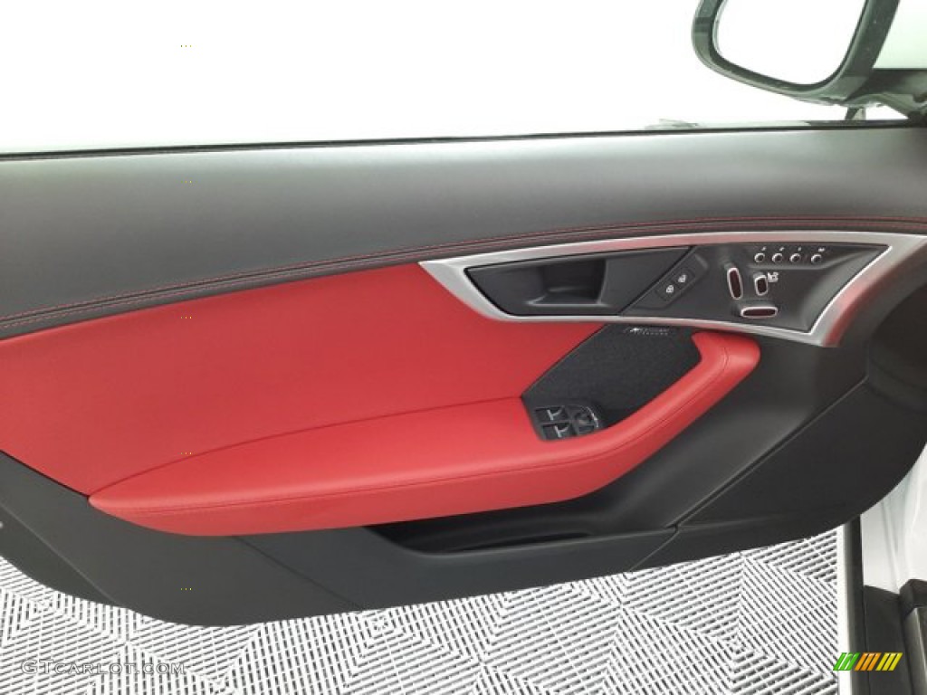 2023 Jaguar F-TYPE P450 AWD R-Dynamic Coupe Mars Red/Flame Red Stitching Door Panel Photo #144325396