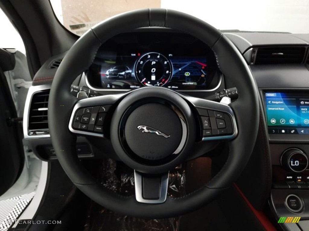2023 Jaguar F-TYPE P450 AWD R-Dynamic Coupe Mars Red/Flame Red Stitching Steering Wheel Photo #144325458