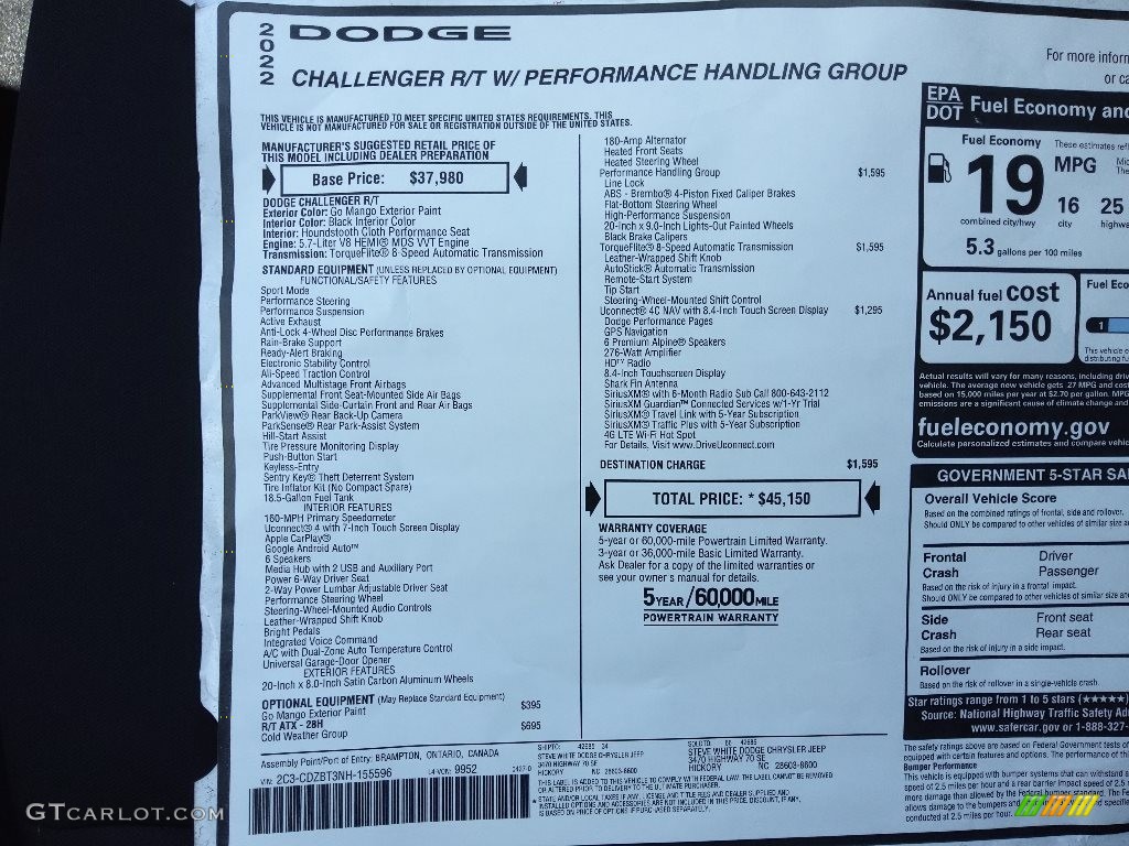 2022 Dodge Challenger R/T Window Sticker Photos