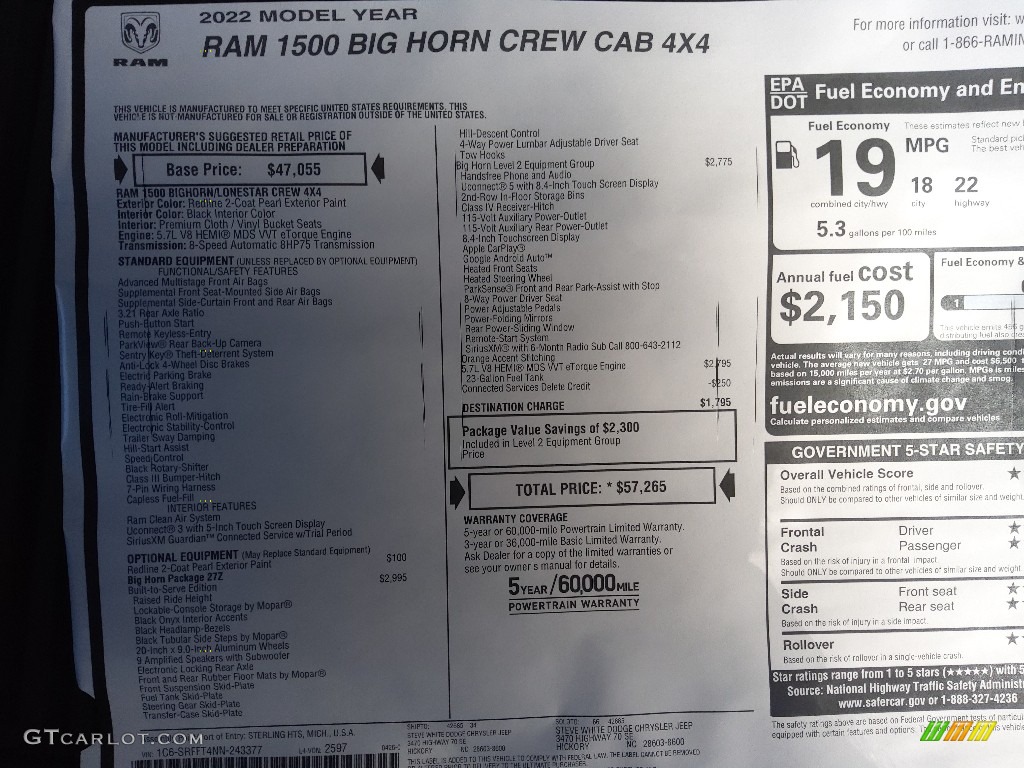 2022 Ram 1500 Big Horn Built-to-Serve Edition Crew Cab 4x4 Window Sticker Photo #144333646