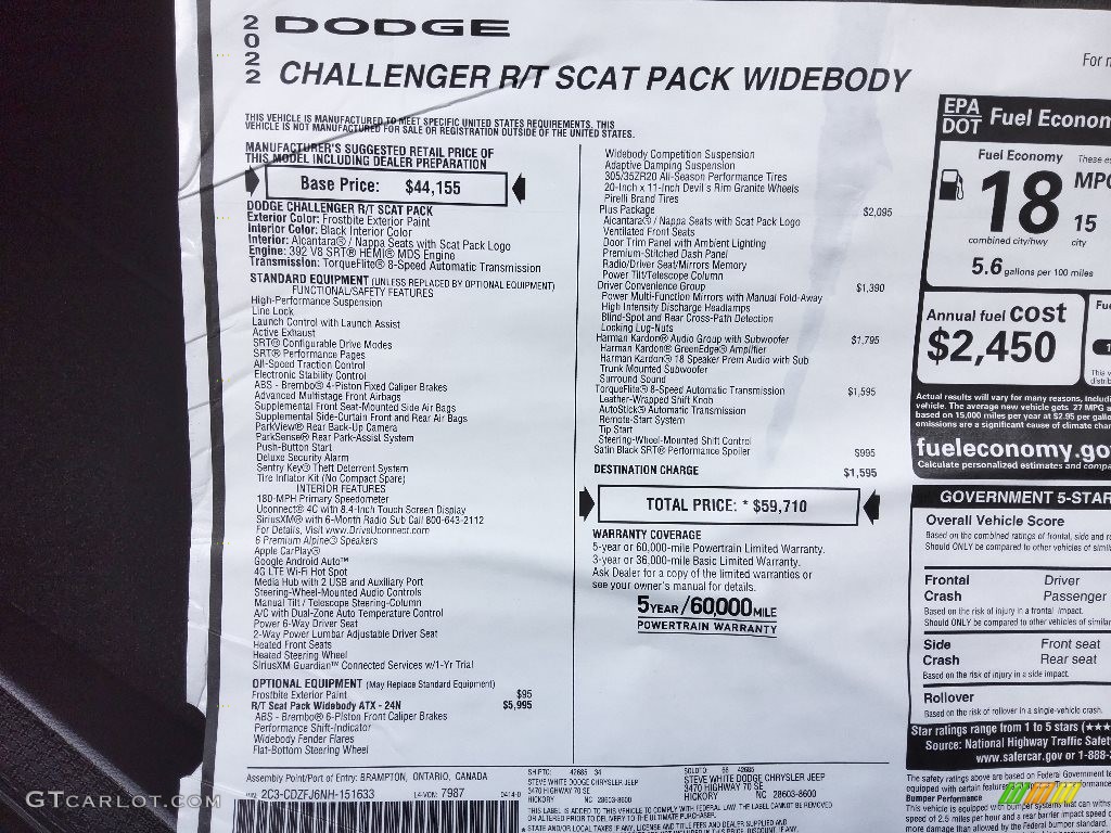 2022 Dodge Challenger R/T Scat Pack Widebody Window Sticker Photo #144334414