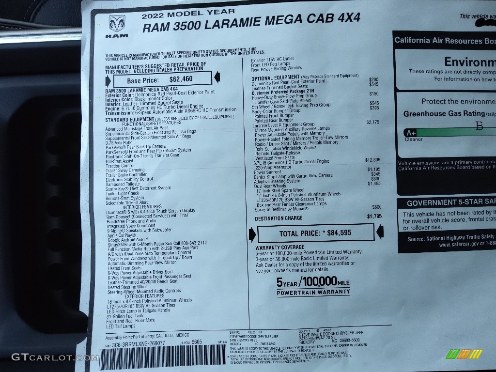 2022 Ram 3500 Laramie Mega Cab 4x4 Window Sticker Photo #144336703