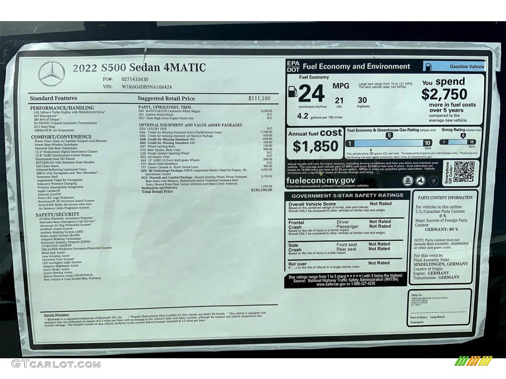 2022 Mercedes-Benz S 500 4Matic Sedan Window Sticker Photo #144338602