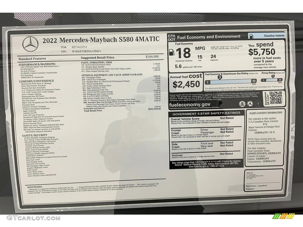 2022 Mercedes-Benz S Maybach 580 4Matic Sedan Window Sticker Photo #144345145