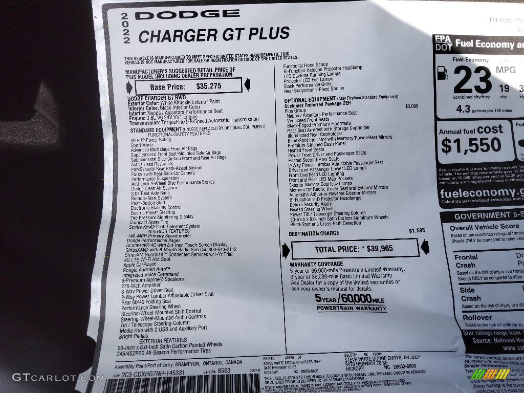2022 Dodge Charger GT Plus Window Sticker Photo #144352295