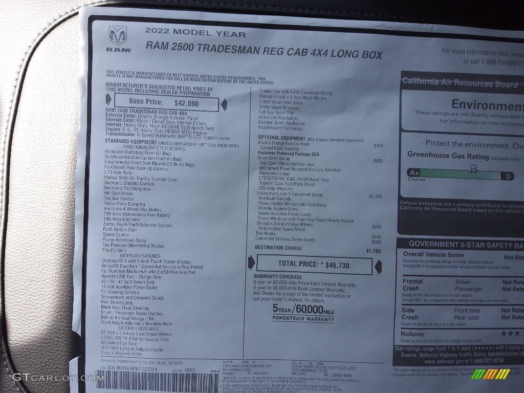 2022 Ram 2500 Tradesman Regular Cab 4x4 Window Sticker Photo #144352679