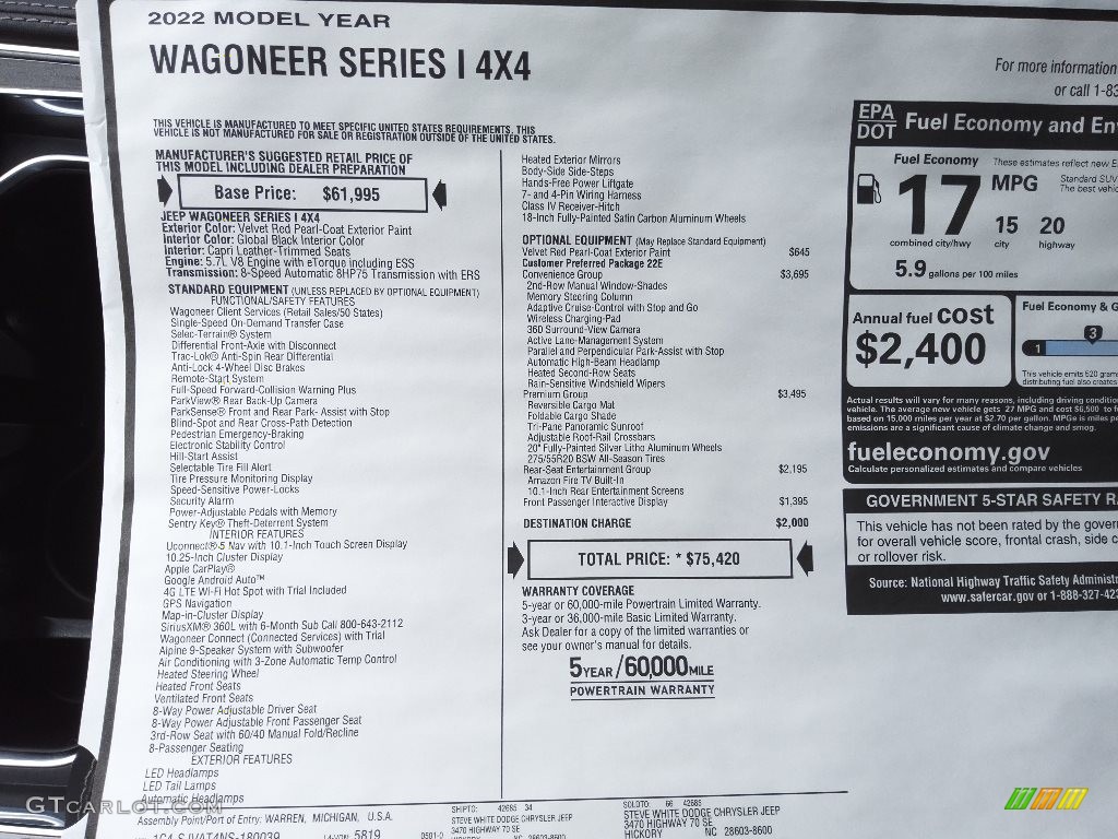 2022 Jeep Wagoneer Series I 4x4 Window Sticker Photo #144357120