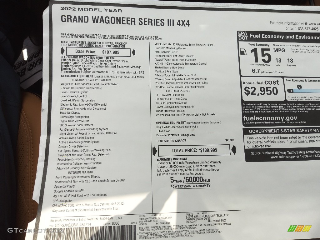 2022 Jeep Grand Wagoneer Series III 4x4 Window Sticker Photo #144359199