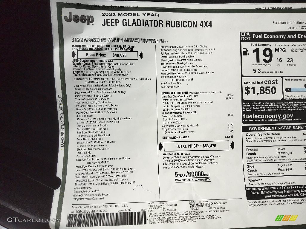 2022 Jeep Gladiator Rubicon 4x4 Window Sticker Photo #144366346