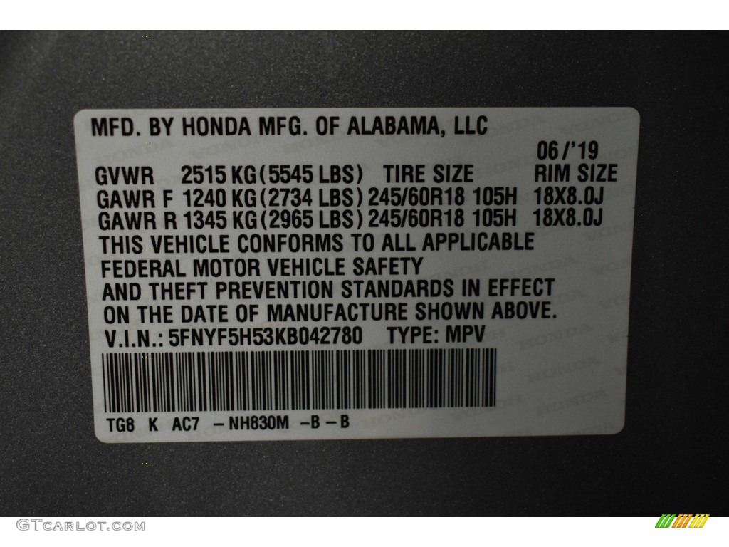 2019 Pilot EX-L - Lunar Silver Metallic / Gray photo #44