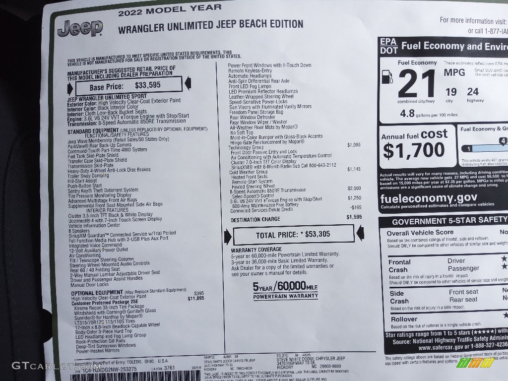 2022 Jeep Wrangler Unlimited Beach Edition 4x4 Window Sticker Photo #144378122