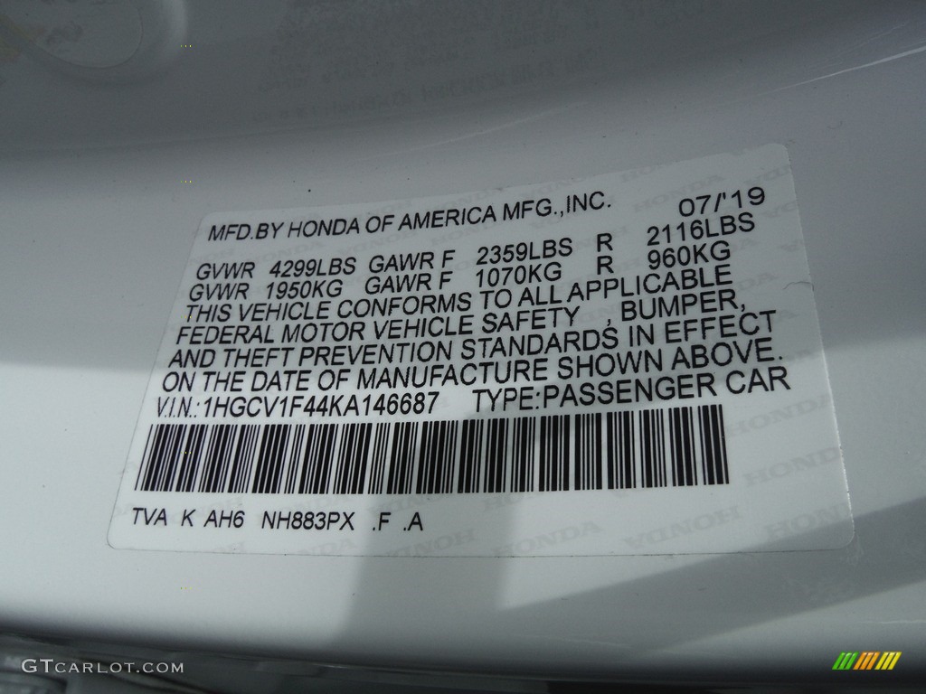2019 Accord Color Code NH883PX for Platinum White Pearl Photo #144378512