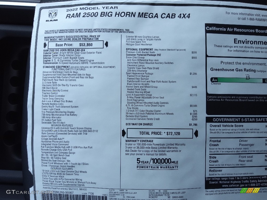 2022 Ram 2500 Big Horn Mega Cab 4x4 Window Sticker Photo #144382169