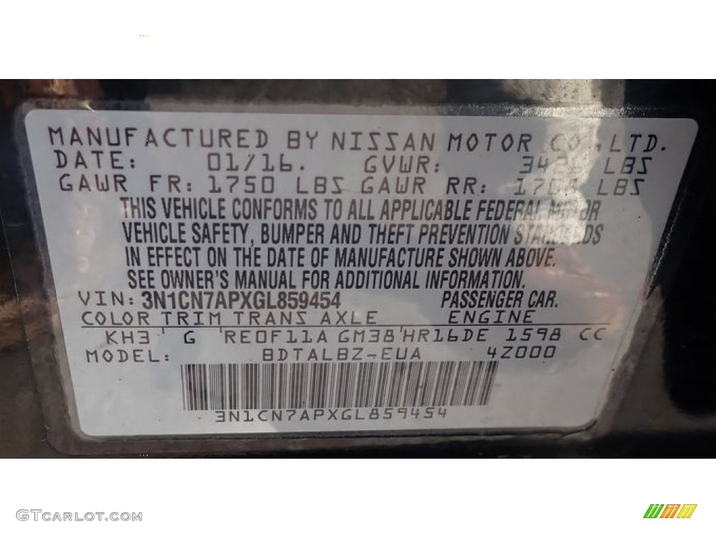 2016 Nissan Versa SV Sedan Color Code Photos
