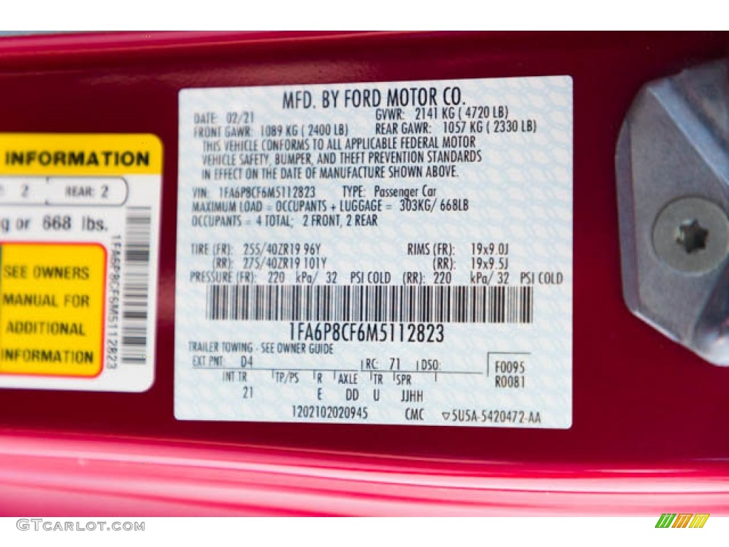 2021 Ford Mustang GT Fastback Color Code Photos