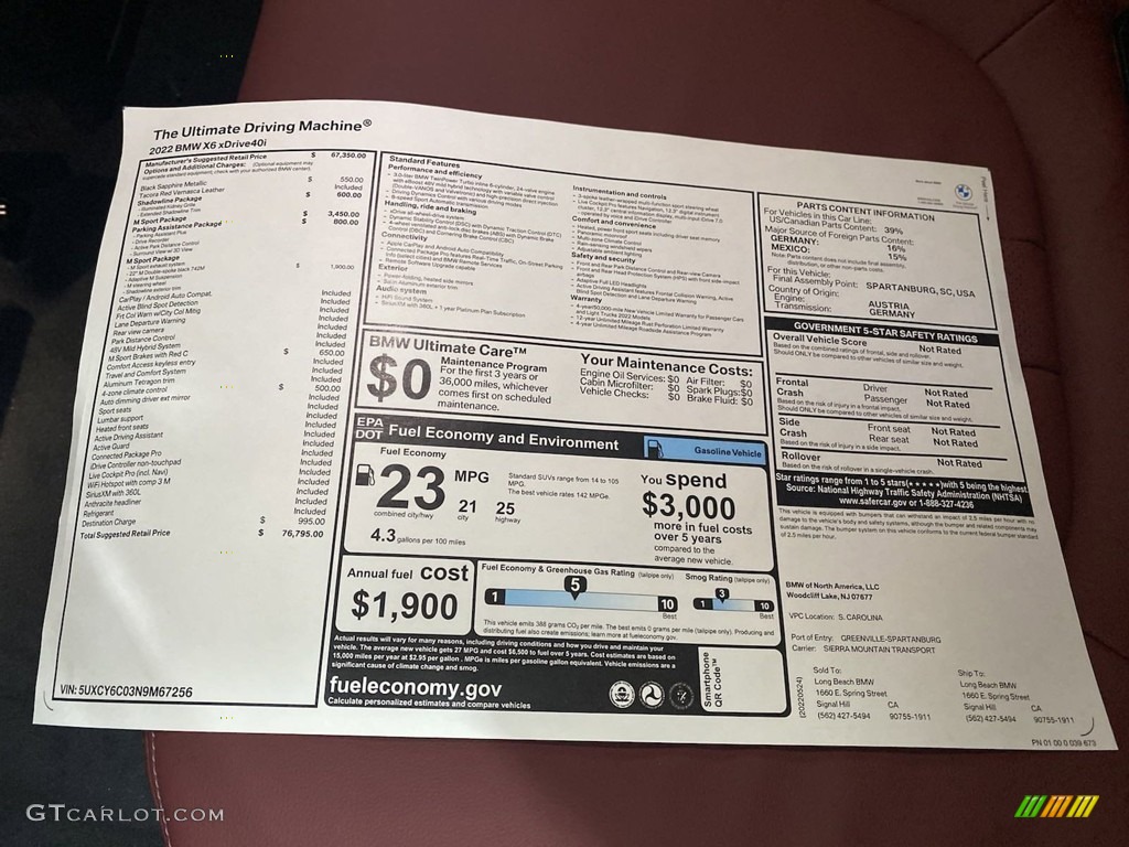 2022 BMW X6 xDrive40i Window Sticker Photo #144440505